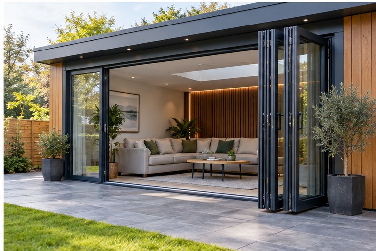 Charcoal aluminium bi-fold doors open onto a garden