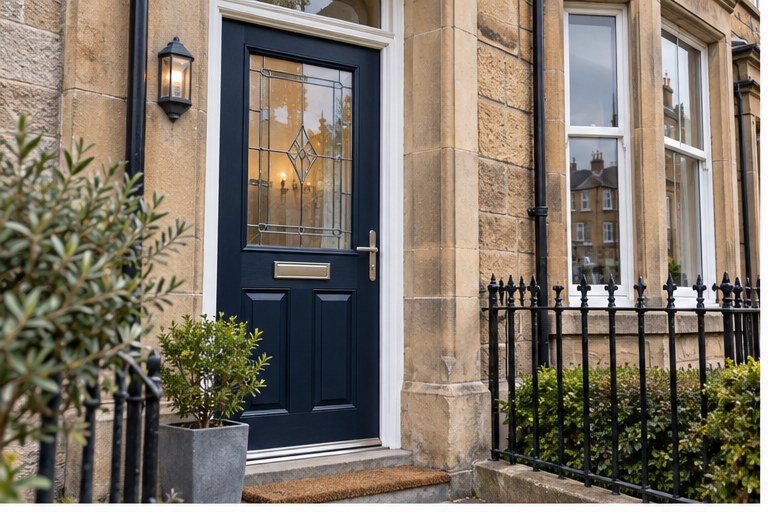 Navy composite front door on a traditional Glasgow sandstone home