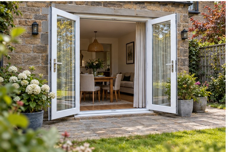 White French doors opening onto a garden patio