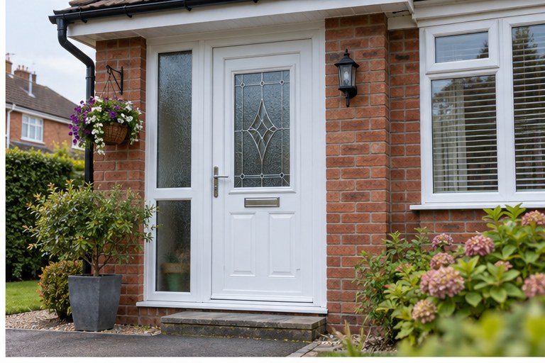 White uPVC front door with decorative glazing on a UK brick home